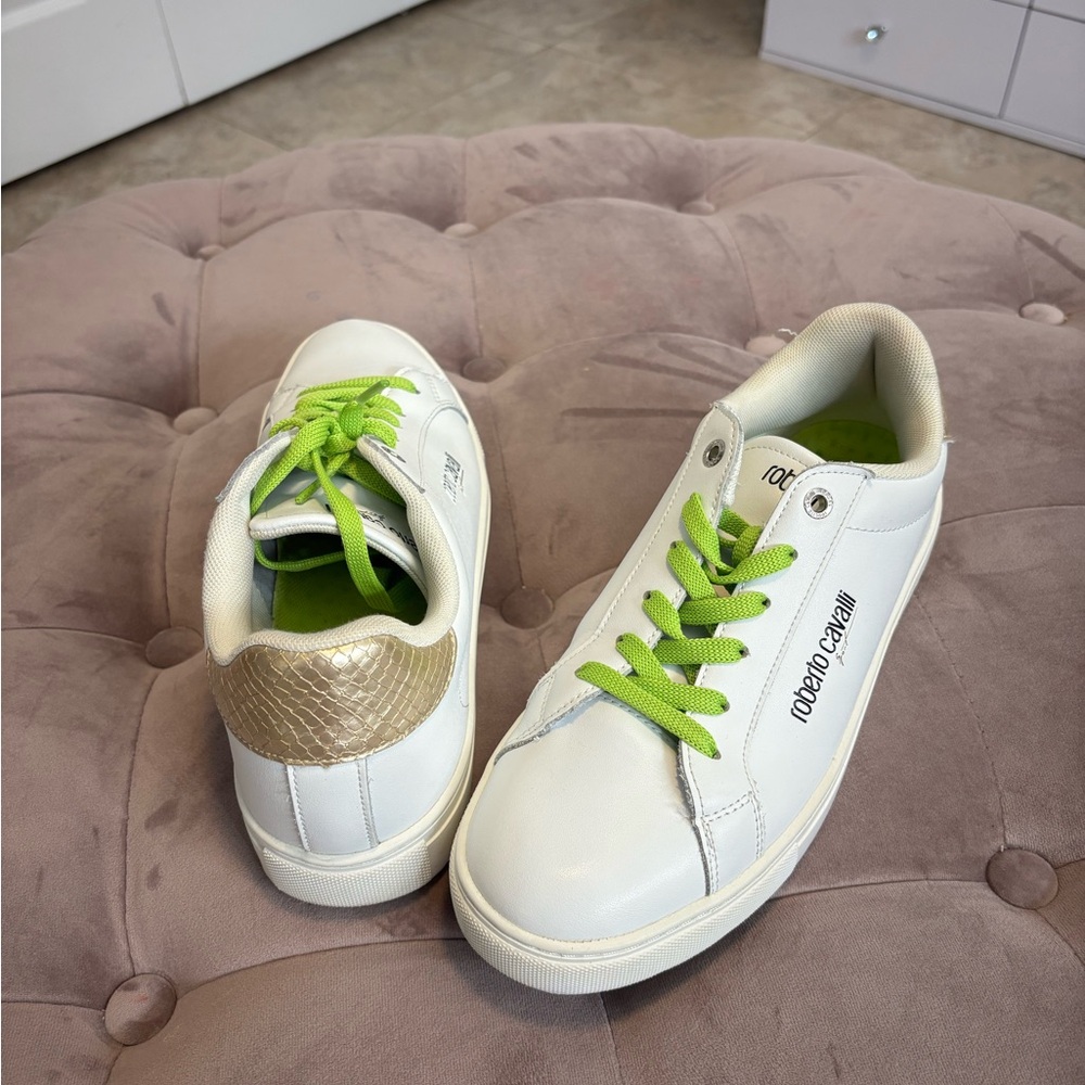 Roberto Cavalli White and Gold Sneakers with Green Laces